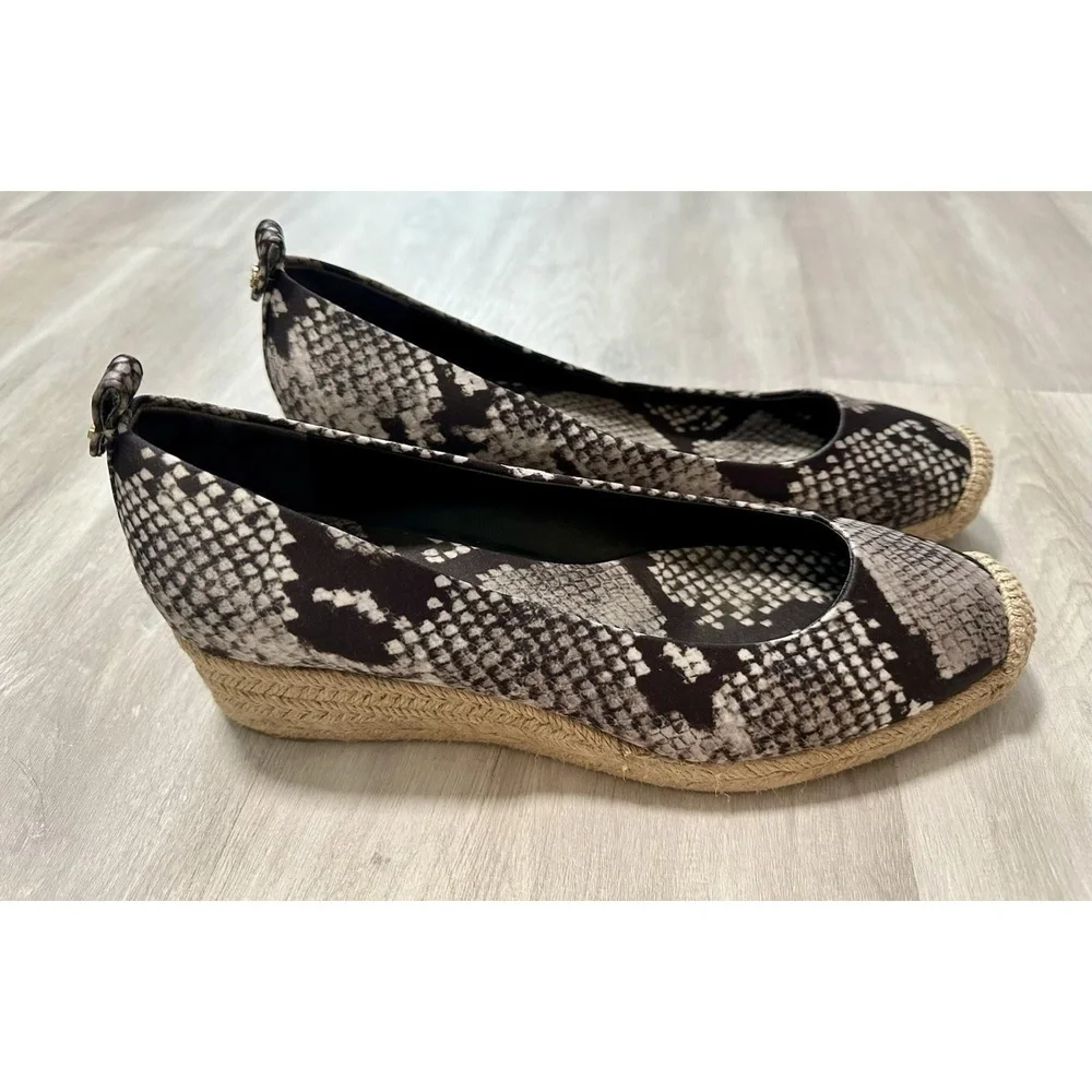 Tory Burch Womens 8.5 Heather Snake Print Wedge Espadrille Black Grey